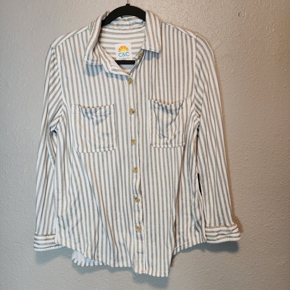 C&C California Striped Long Sleeve Top M Dual Chest Pockets Stretch